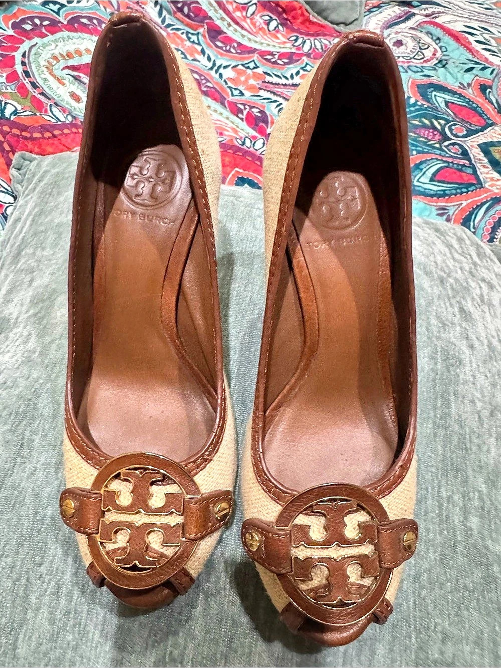 Tory Burch Sally Canvas and Leather Wedge Logo Wedge Pumps in Brown & Beige
